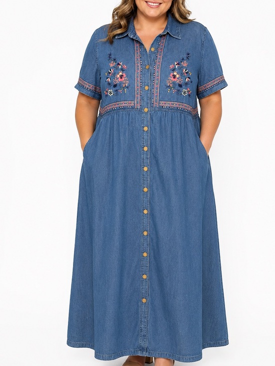 Vintage Dresses & Skirts - Anna Maxwell 2X Embroidered Denim Maxi Shirt Dress Button Front Pockets Boho